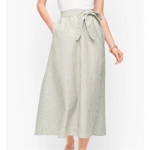 Talbots Linen Blend Midi Skirt small White Green candy Striped Waist Tie